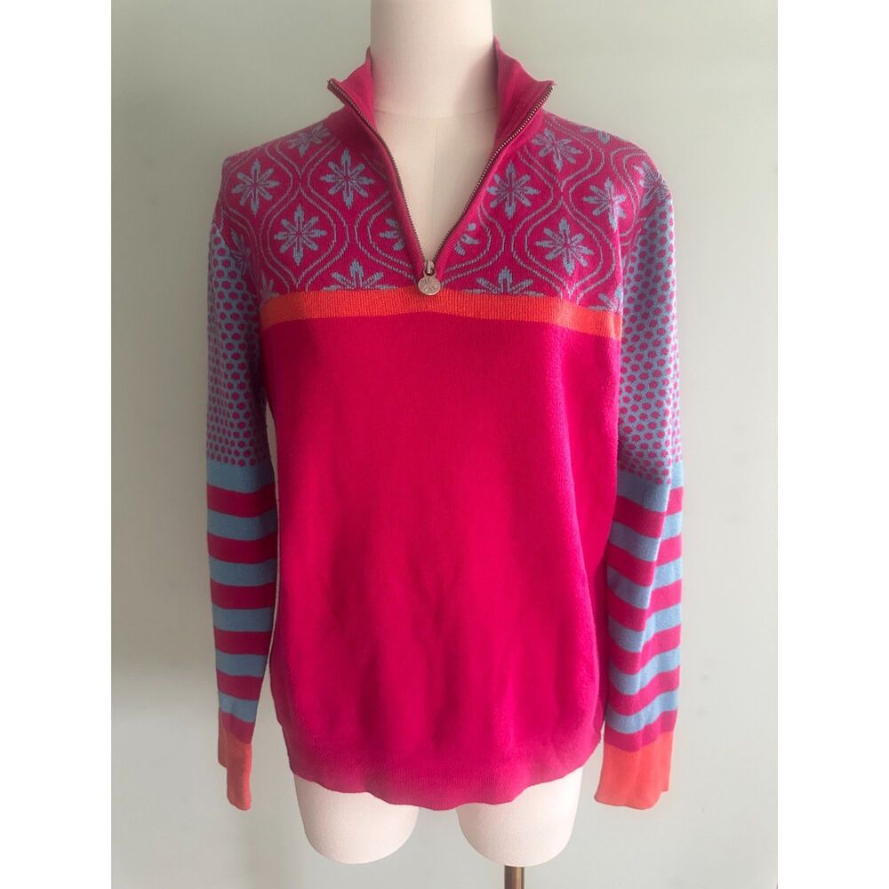 Neve Designs Nordic Snowflake Knit 1/4 Zip Ski Sweater Women's M Pink Orange
